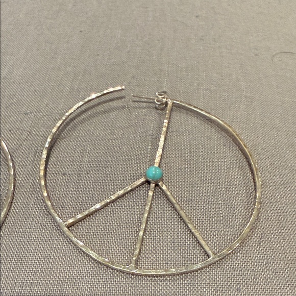 Sterling Silver and Turquoise Peace Sign Hoop Earrings- 2 3/8” wide - Picture 3 of 5